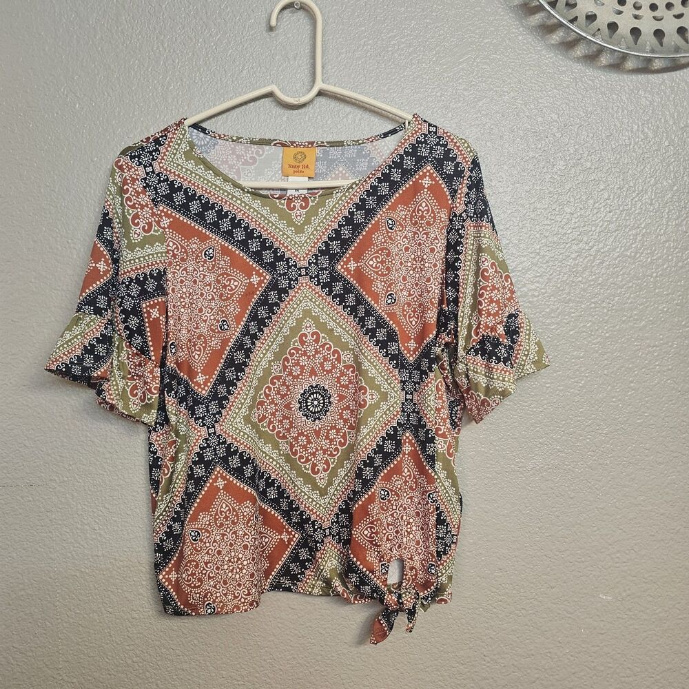 Ruby Rd Petite PL Patchwork Medallion Side Tie Blouse Boho Coral Olive Navy K457